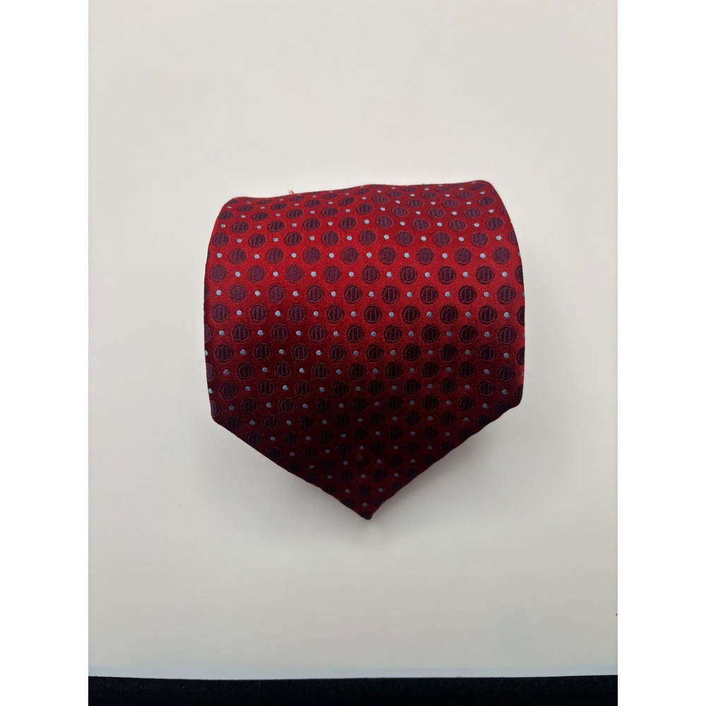 Preswick & Moore Mens Red Silk Geometric PolkaDot Necktie Burgundy Blue HandMade
